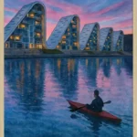 Vejle Plakat med en mand der sejler i kayak med udsigt over Bølgen i Vejle.