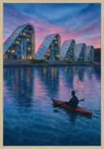 Vejle Plakat med en mand der sejler i kayak med udsigt over Bølgen i Vejle.