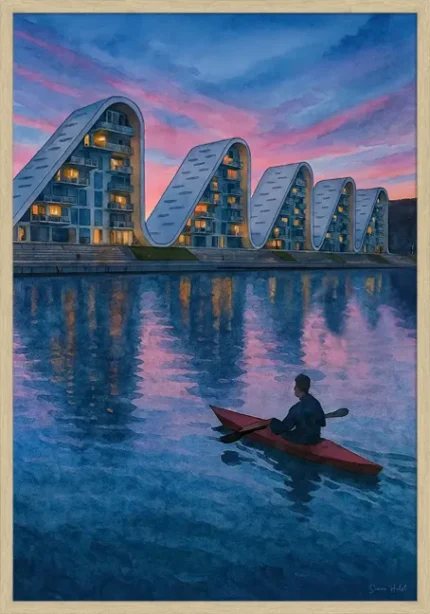 Vejle Plakat med en mand der sejler i kayak med udsigt over Bølgen i Vejle.
