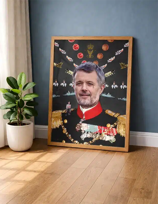 Kong Frederik X plakat – popart kunsttryk med elefanter, basketbolde og sneakers i militæruniform af SimonHolst