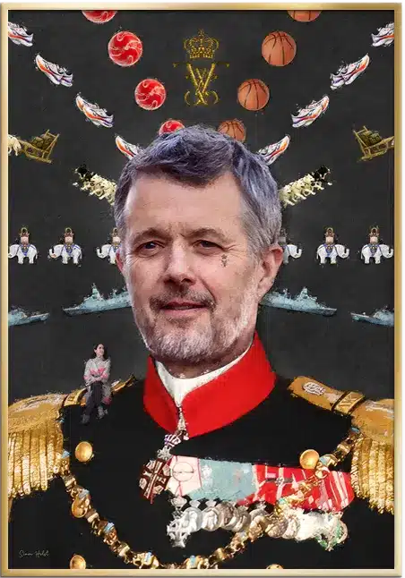 Kong Frederik X plakat – popart kunsttryk med elefanter, basketbolde og sneakers i militæruniform af SimonHolst