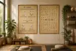 To yogaplakater side om side på lys hvid væg over yogamåtte — De 5 Tibetanere og 82 yogastillinger i minimalistisk design