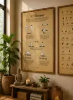 To yogaplakater side om side på lys hvid væg over yogamåtte — De 5 Tibetanere og 82 yogastillinger i minimalistisk design