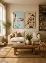 To Ogawa Kazumasa blomsterplakater i lyse rammer på beige soveværelsesvæg — lotusblomster og stribede kameliaer i japansk fotografistil