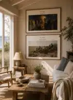 To stemningsfulde Krøyer-malerier på mørk entréevæg — Sankt Hans-bål på Skagen Strand om natten og Skagensjægerne i klitlandskabet