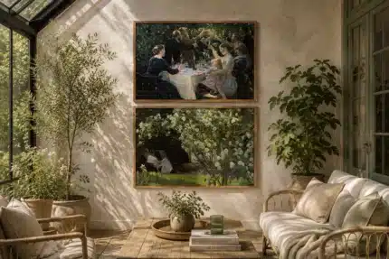 To P.S. Krøyer-malerier i egetræsrammer på lys stuevæg — Hip Hip Hurra! med kunstnerkolonien og Roser med Marie Krøyer i havens sommerlys