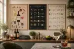 Tre barplakater på mørk vinaviseret væg over barbænk — vintyper, cocktailguide og gin-drinks i varm akvarel-æstetik