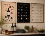 Tre barplakater på mørk vinaviseret væg over barbænk — vintyper, cocktailguide og gin-drinks i varm akvarel-æstetik
