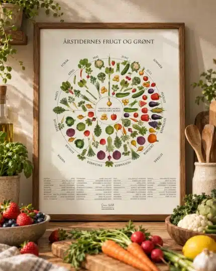 Årstidernes frugt og grønt plakat fra Simon Holst i køkkenet