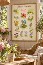 Spiselige blomster plakat med navne i solbelyst drivhus